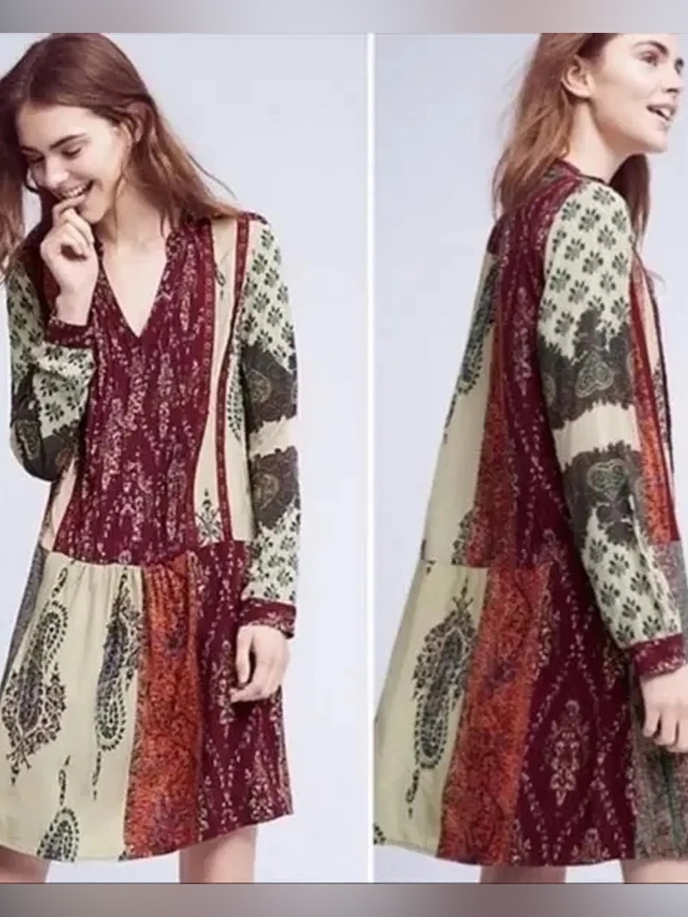 Anthropologie- Boho Patchwork V‑Neck Women’s Dress in Burgundy and Cream